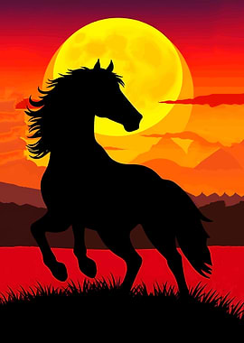 Horse Silhouette Against Sunset Moon