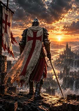 Crusader Knight Overlooking Fantasy Kingdom