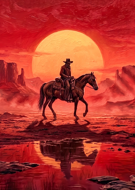 Cowboy Riding Horse at Sunset