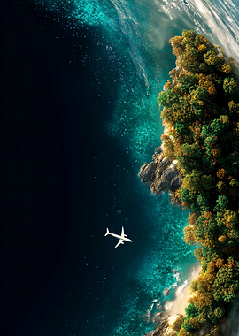 Airplane Flying Over Tropical Island
