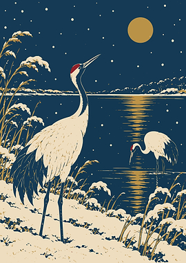 Red-Crowned Cranes in Winter Night