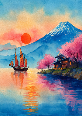 Watercolor Mount Fuji Sunset Landscape