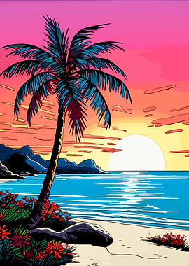 Tropical Palm Tree Sunset Beach Scene