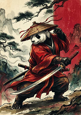 Samurai Panda Japanese Ukiyo E Art Print Red Sun Pine Tree Warrior Animal Wall Poster