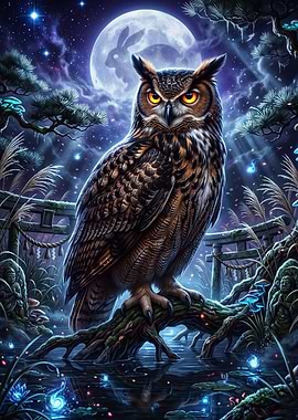 Owl Moon Night Magical Forest Art