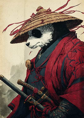 Samurai Panda Japanese Ukiyo E Art Print Red Robe Straw Hat Swords Wall Decor Poster