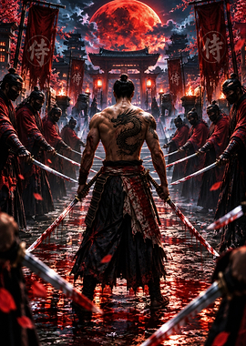 Samurai Warrior Facing Blood Moon Army