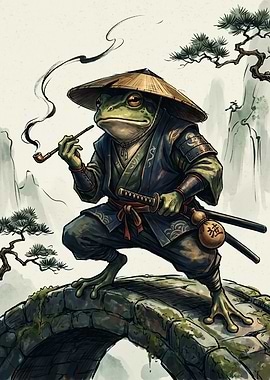 Samurai Frog Ukiyo E Art Japanese Ink Print Smoking Pipe Bridge Warrior Wall Poster