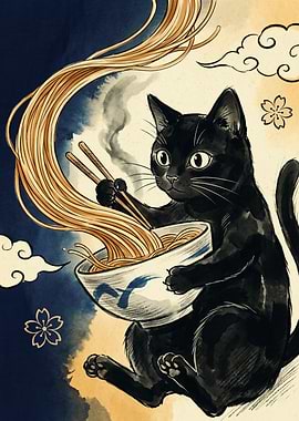 Black Cat Eating Ramen Ukiyo E Art Japanese Noodle Bowl Print Cute Animal Wall Decor