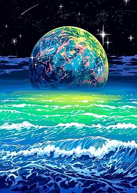 Surreal Planet Over Neon Ocean