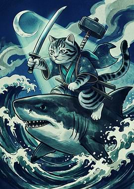 Samurai Cat Shark Japanese Ukiyo E Art Print Ocean Waves Moonlight Warrior Poster