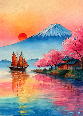 Watercolor Mount Fuji and Junk Boat