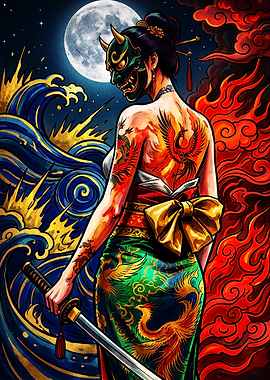 Oni Mask Samurai Woman with Phoenix
