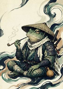 Samurai Frog Japanese Ukiyo E Art Print Smoking Pipe Warrior Animal Poster Decor