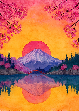 Mount Fuji Sunset with Cherry Blossoms