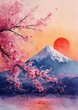 Mount Fuji and Cherry Blossoms Watercolor