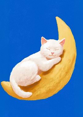 White Cat Sleeping on Crescent Moon