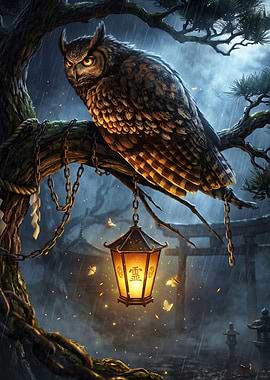 Owl Lantern Rain Dark Fantasy Art