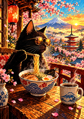 Black Cat Eating Ramen in Japan