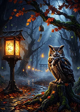 Owl Forest Japanese Autumn Poster