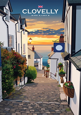 Clovelly Village Sunset Travel Poster