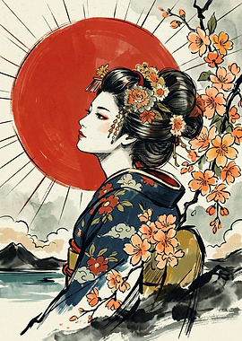 Geisha Kimono Japanese Ukiyo E Art Red Sun Cherry Blossom Floral Aesthetic Poster