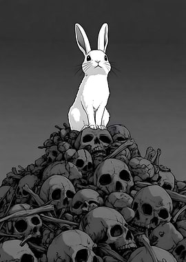 White Rabbit Sitting on Skulls