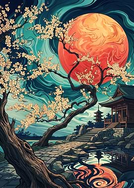 Japanese Temple Ukiyo E Art Cherry Blossom Red Moon Night Sky Landscape Wall Poster