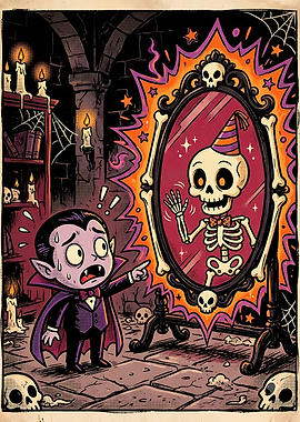 Surprised Vampire Sees Skeleton Reflection