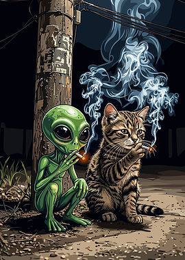 Alien and Cat Smoking Together