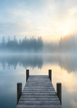 Misty Lake Pier at Sunrise