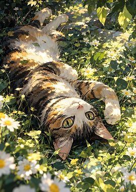 Calico Cat Resting in Daisy Field