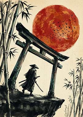Samurai Torii Gate Ink Wash Art Red Sun Bamboo Forest Japanese Aesthetic Poster Print