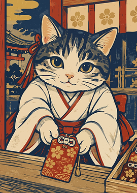Cute Cat in Kimono Offering Omamori