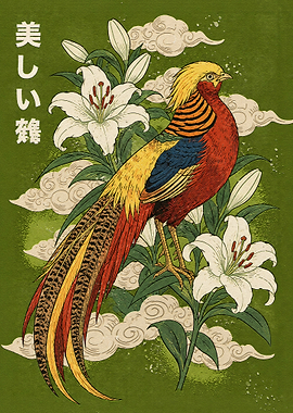 Golden Pheasant and Lily Illustration
