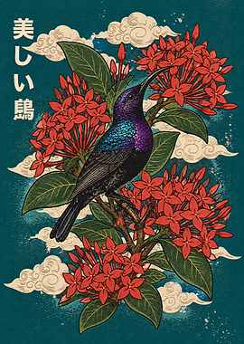 Japanese Style Hummingbird and Flowers