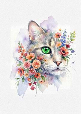 Watercolor Cat Portrait with Floral Accents
