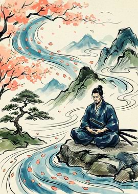 Samurai Meditation Japanese Ink Watercolor Art Cherry Blossom River Mountain Landscape