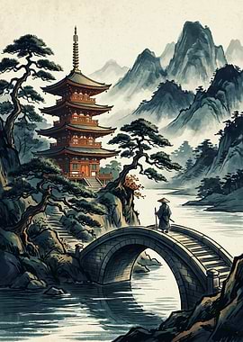 Samurai Bridge Japanese Pagoda Watercolor Art Mountain Landscape Asian Zen Wall Decor