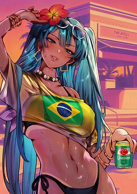 Anime Girl with Brazil Flag Shirt