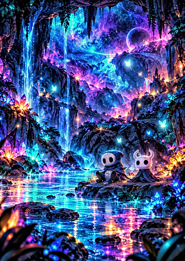 Hollow Knight Characters in Bioluminescent Cave