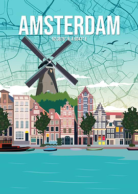 Amsterdam Canal Houses City Map - Urban Atlas Travel Poser Retro Vintage Art