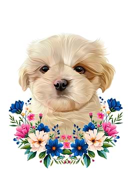 Cute Puppy Portrait with Floral Wreath