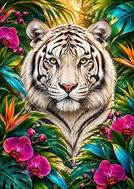 Majestic White Tiger in Tropical Jungle