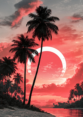 Surreal Tropical Sunset with Glowing Ring