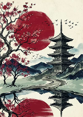 Japanese Pagoda Red Sun Ink Art Cherry Blossom Spring Landscape Aesthetic Poster
