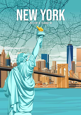 New York City Skyline City Map Retro Travel Poster Art