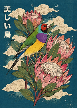 Gouldian Finch and Protea Flowers