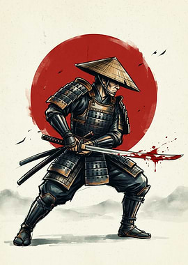 Samurai Warrior Ink Sketch Art Red Sun Japanese Katana Sword Fighter Wall Poster Print