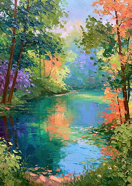 Impressionist Autumn Forest Lake Painting